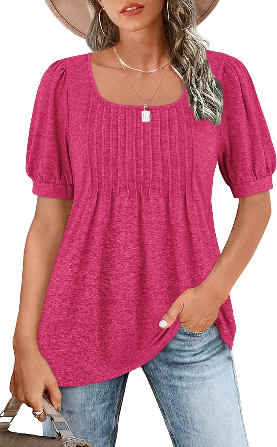 Zwurew Women's Summer Casual Puff Short Sleeve T-Shirts Square Neck Pleated Flowy Trendy Tunic Tops for Leggings S-2XL