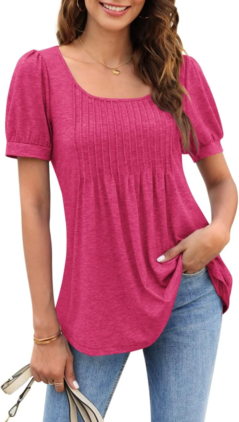 Zwurew Women's Summer Casual Puff Short Sleeve T-Shirts Square Neck Pleated Flowy Trendy Tunic Tops for Leggings S-2XL