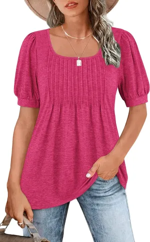 Zwurew Women's Summer Casual Puff Short Sleeve T-Shirts Square Neck Pleated Flowy Trendy Tunic Tops for Leggings S-2XL