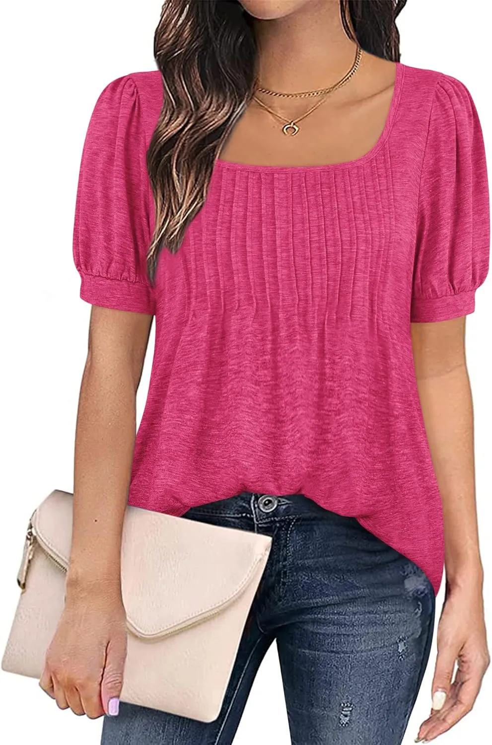 Zwurew Women's Summer Casual Puff Short Sleeve T-Shirts Square Neck Pleated Flowy Trendy Tunic Tops for Leggings S-2XL