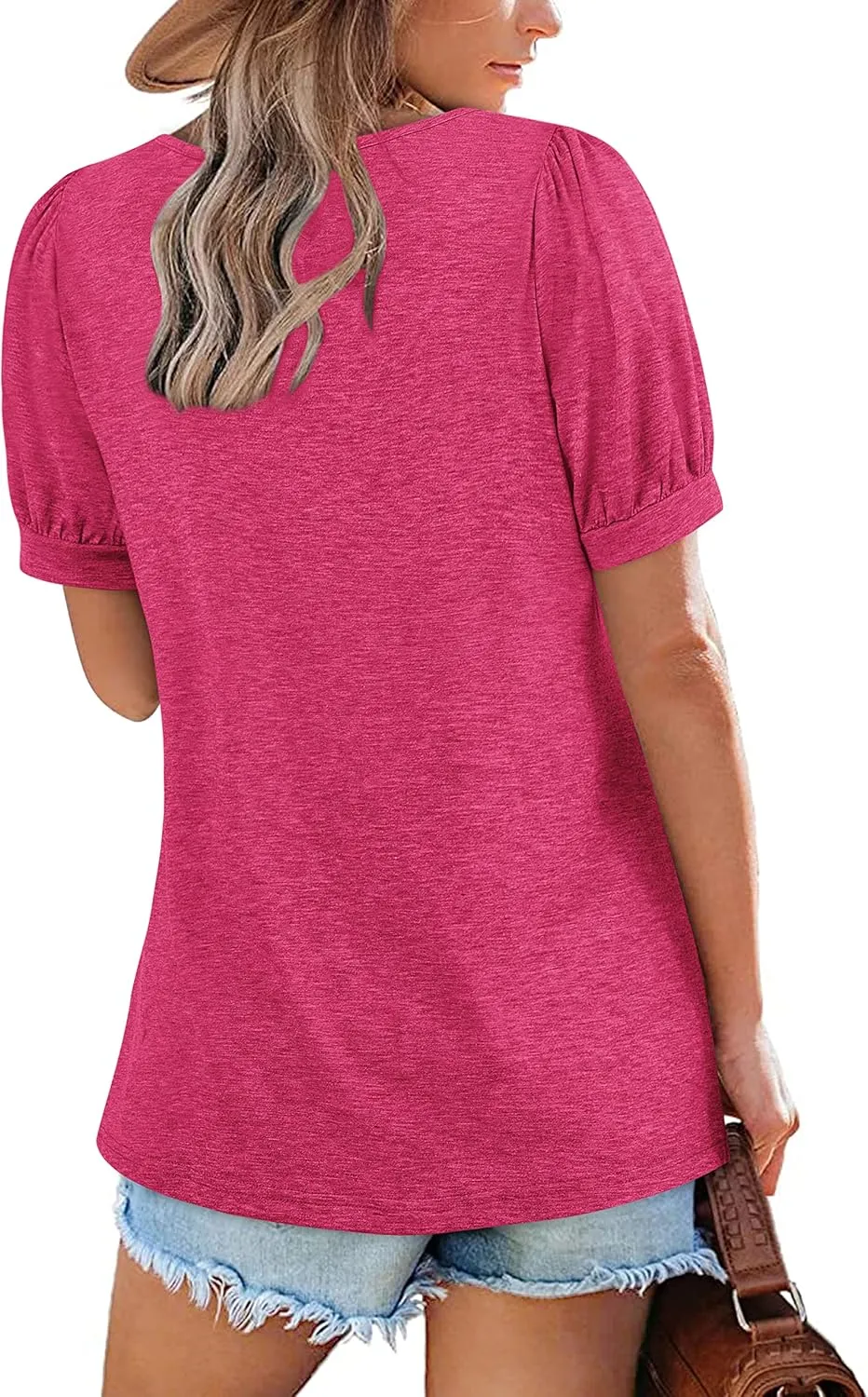 Zwurew Women's Summer Casual Puff Short Sleeve T-Shirts Square Neck Pleated Flowy Trendy Tunic Tops for Leggings S-2XL
